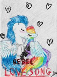 Size: 1604x2151 | Tagged: safe, artist:chacha9000, rainbow dash, soarin', g4, blushing, female, kissing, male, ship:soarindash, shipping, straight, traditional art