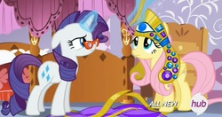 Size: 719x381 | Tagged: safe, screencap, fluttershy, rarity, for whom the sweetie belle toils, g4, headpiece, hub logo