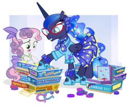 Size: 1200x982 | Tagged: safe, artist:pixelkitties, princess luna, sweetie belle, alicorn, pony, unicorn, 50's fashion, 50s, adorkable, alternate hairstyle, bipedal leaning, board game, bow, bracelet, braces, card, clothes, cute, diasweetes, dice, dork, dress, fashion, female, filly, frown, garbage day, glasses, grin, horseshoes, jewelry, lunabetes, mare, necklace, open mouth, raised eyebrow, ribbon, silent night deadly night, simple background, skirt, smiling, stratego, tabletop game, transparent background