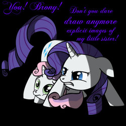 Size: 767x767 | Tagged: safe, artist:bigshot232, rarity, sweetie belle, pony, unicorn, g4, angry, anti-clop, big sister instinct, black background, cowering, dialogue, duo, duo female, female, filly, floppy ears, foal, frown, gritted teeth, lying down, mare, nose wrinkle, overprotective, prone, protecting, scared, simple background, standing, wide eyes