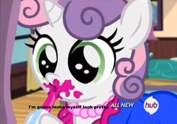 Size: 1015x709 | Tagged: safe, edit, edited screencap, screencap, sweetie belle, for whom the sweetie belle toils, g4, 5-year-old sweetie belle, all new, cute, female, hub logo, image macro, meme, solo, text