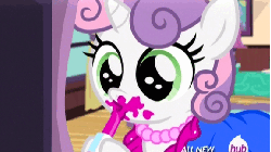 Size: 576x324 | Tagged: safe, screencap, sweetie belle, pony, for whom the sweetie belle toils, g4, 5-year-old sweetie belle, animated, clothes, cute, diasweetes, dress, female, hub logo, hubble, lipstick, loop, messy, solo, the hub, younger
