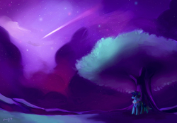 Size: 1000x694 | Tagged: safe, artist:amy30535, oc, oc only, oc:light shine, pony, commission, night, night sky, paint, scenery, shooting star, solo, stars, tree, under the tree