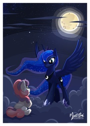 Size: 1081x1500 | Tagged: safe, artist:mysticalpha, princess luna, sweetie belle, alicorn, pony, unicorn, for whom the sweetie belle toils, g4, cloud, cloudy, dream walker luna, eye contact, moon, night, sitting, spread wings, standing, stars