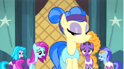 Size: 576x324 | Tagged: safe, screencap, blue cutie, foxxy trot, icy passion, sapphire shores, signature moves, earth pony, pony, unicorn, for whom the sweetie belle toils, g4, animated, female, hub logo, hubble, panting, the hub, tired