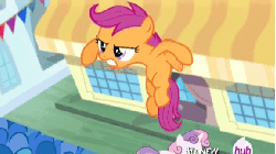Size: 576x324 | Tagged: safe, screencap, scootaloo, sweetie belle, pony, for whom the sweetie belle toils, g4, animated, falling, female, hub logo, hubble, scootaloo can't fly, the hub