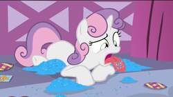 Size: 1920x1080 | Tagged: safe, screencap, sweetie belle, pony, unicorn, for whom the sweetie belle toils, g4, season 4, curly hair, curly mane, curly tail, female, filly, foal, frown, glitter, green eyes, looking down, pink hair, pink mane, pink tail, purple hair, purple mane, purple tail, solo, tail, tongue out, two toned hair, two toned mane, two toned tail, white body, white coat, white fur, white pony