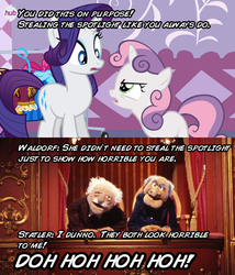 Size: 548x640 | Tagged: safe, rarity, sweetie belle, for whom the sweetie belle toils, g4, carousel boutique, hub logo, snark, statler, statler and waldorf, the muppets, waldorf