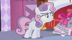 Size: 1017x572 | Tagged: safe, screencap, sweetie belle, for whom the sweetie belle toils, g4, female, hub logo, pouting, solo