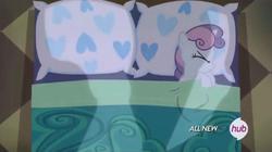 Size: 1018x571 | Tagged: safe, screencap, sweetie belle, pony, for whom the sweetie belle toils, g4, bed, female, hub logo, solo