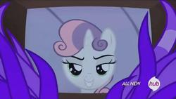 Size: 1016x574 | Tagged: safe, screencap, sweetie belle, for whom the sweetie belle toils, g4, female, hub logo, revenge, solo