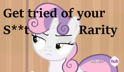 Size: 596x345 | Tagged: safe, edit, edited screencap, screencap, rarity, sweetie belle, pony, unicorn, for whom the sweetie belle toils, g4, censored, censored vulgarity, female, grammar error, hub logo, solo