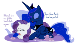 Size: 1075x650 | Tagged: safe, artist:dm29, princess luna, rarity, alicorn, pony, unicorn, for whom the sweetie belle toils, g4, crying, duo, duo female, female, implied sweetie belle, mare, marshmelodrama, rarity being rarity, simple background, tabitha st. germain, talking to herself, transparent background, voice actor joke