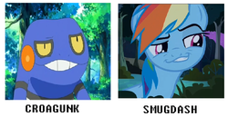 Size: 799x445 | Tagged: safe, edit, edited screencap, screencap, rainbow dash, croagunk, daring don't, g4, comparison, pokémon, smugdash