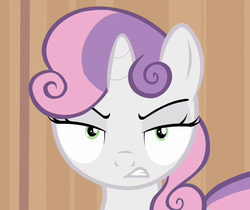 Size: 1250x1050 | Tagged: safe, screencap, sweetie belle, pony, unicorn, for whom the sweetie belle toils, g4, angry, death stare, faic, female, filly, frown, glare, gritted teeth, hub logo, looking at you, meme origin, solo, sweetie belle is not amused, unamused, wide eyes