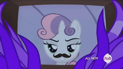 Size: 1016x574 | Tagged: safe, edit, screencap, sweetie belle, for whom the sweetie belle toils, g4, female, hub logo, moustache, solo