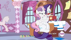 Size: 1920x1080 | Tagged: safe, screencap, rarity, sweetie belle, pony, unicorn, for whom the sweetie belle toils, g4, carousel boutique, context is for the weak, female, filly, hub logo, lidded eyes, mare