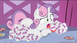 Size: 1920x1080 | Tagged: safe, edit, edited screencap, screencap, sweetie belle, for whom the sweetie belle toils, g4, female, hub logo, hubble, solo, the hub, wat