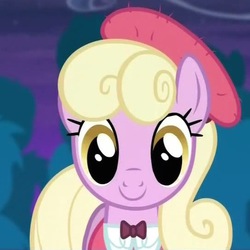 Size: 544x544 | Tagged: safe, screencap, luckette, earth pony, pony, for whom the sweetie belle toils, g4, background pony, bowtie, bust, cute, female, looking at you, mare, solo
