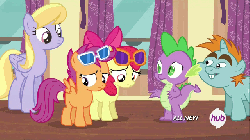 Size: 640x360 | Tagged: safe, screencap, apple bloom, cloud kicker, scootaloo, snips, spike, dragon, earth pony, pegasus, pony, unicorn, for whom the sweetie belle toils, g4, animated, colt, female, filly, hub logo, male, mare