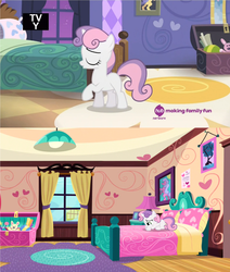 Size: 845x997 | Tagged: safe, sweetie belle, for whom the sweetie belle toils, g4, season 4, bedroom, female, filly, hub logo, tv rating, whistling