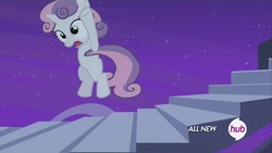 Size: 1920x1080 | Tagged: safe, screencap, sweetie belle, for whom the sweetie belle toils, g4, animation error, female, hub logo, solo, stairs