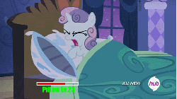 Size: 480x270 | Tagged: safe, edit, screencap, sweetie belle, for whom the sweetie belle toils, g4, angry, animated, bed, female, game, hub logo, loop, pillow, pillowbuse, punch, rpg, solo