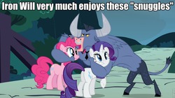 Size: 960x539 | Tagged: safe, edit, edited screencap, screencap, iron will, pinkie pie, rarity, earth pony, minotaur, pony, unicorn, g4, putting your hoof down, caption, dialogue, female, image macro, imma snuggle you, male, mare, meme, microphone, necktie, nose piercing, nose ring, piercing, septum piercing, trio