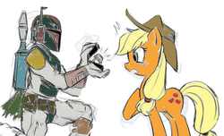 Size: 1345x817 | Tagged: safe, artist:herny, applejack, human, g4, blushing, boba fett, bobajack, colored, crack shipping, crossover shipping, female, male, marriage proposal, ring, star wars, straight