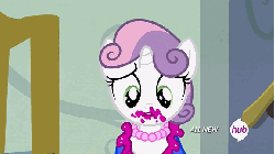 Size: 576x324 | Tagged: safe, screencap, sweetie belle, pony, for whom the sweetie belle toils, g4, 5-year-old, 5-year-old sweetie belle, animated, clothes, crying, cute, diasweetes, dress, female, hub logo, hubble, lipstick, messy, sad, solo, the hub, younger