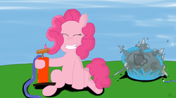 Size: 1280x719 | Tagged: safe, artist:jakubxx, pinkie pie, rainbow dash, earth pony, pony, g4, air pump, burst, death, female, inflation, mare, murder, popping, sitting