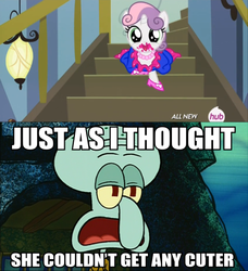 Size: 622x683 | Tagged: safe, sweetie belle, for whom the sweetie belle toils, g4, 5-year-old sweetie belle, cute, diasweetes, happy, idiot box, male, meme, spongebob squarepants, squidward tentacles, text