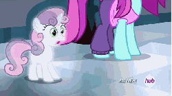 Size: 576x324 | Tagged: safe, screencap, sweetie belle, for whom the sweetie belle toils, g4, all new, animated, dream sequence, female, gif, hub logo, hubble, marshmallow, melted, melting, stuck, sweetie belle is a marshmallow too, text, the hub