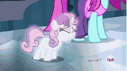 Size: 576x324 | Tagged: safe, screencap, sweetie belle, for whom the sweetie belle toils, g4, all new, animated, dream sequence, female, gif, hub logo, hubble, marshmallow, melted, melting, stuck, sweetie belle is a marshmallow too, text, the hub