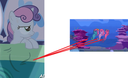 Size: 839x518 | Tagged: safe, edit, edited screencap, screencap, sweetie belle, sea pony, for whom the sweetie belle toils, g1, g4, bed, bubble, coral, fins, flowing mane, g1 vs g4, ms paint, ocean, op is on drugs, seaweed, shoo be doo, swimming, underwater, water