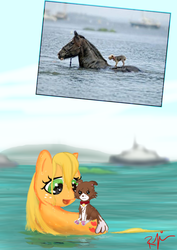 Size: 2480x3508 | Tagged: safe, artist:zeroponydement, applejack, winona, dog, horse, g4, comparison, duo, hatless, high res, missing accessory, photo, ponified, ponified animal photo