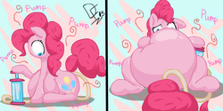 Size: 1400x700 | Tagged: safe, artist:de-flator, pinkie pie, earth pony, pony, g4, air pump, anal insertion, comic, female, inflation, insertion, mare, mind control, no mouth, solo