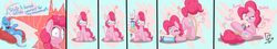 Size: 3921x700 | Tagged: safe, artist:de-flator, pinkie pie, trixie, earth pony, pony, unicorn, g4, air pump, anal insertion, comic, female, inflation, insertion, mare, mind control, no mouth, no nose, raised tail, tail, wide eyes