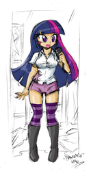 Size: 845x1620 | Tagged: safe, artist:danmakuman, twilight sparkle, human, equestria girls, g4, clothes, female, humanized, pants, selfie, socks, solo, striped socks, thigh highs, thigh socks, twilight sparkle (alicorn)