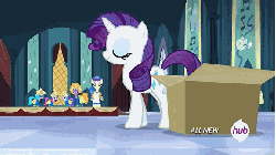 Size: 576x324 | Tagged: safe, screencap, blue cutie, foxxy trot, icy passion, rarity, sapphire shores, signature moves, sweetie belle, earth pony, pony, unicorn, for whom the sweetie belle toils, g4, animated, box, female, hub logo, hubble, the hub