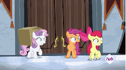 Size: 576x324 | Tagged: safe, screencap, apple bloom, rarity, scootaloo, sweetie belle, earth pony, pegasus, pony, unicorn, for whom the sweetie belle toils, g4, animated, apple bloom's bow, blank flank, bow, box, cardboard box, carrying, cutie mark crusaders, female, filly, foal, gif, hair bow, hub logo, hubble, mare, running, the hub, walking