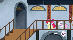Size: 576x324 | Tagged: safe, screencap, apple bloom, rarity, scootaloo, sweetie belle, for whom the sweetie belle toils, g4, animated, box, cutie mark crusaders, female, hub logo, hubble, stairs, the hub