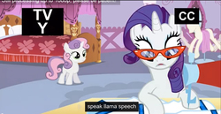 Size: 1366x705 | Tagged: safe, screencap, rarity, sweetie belle, for whom the sweetie belle toils, g4, meme, youtube caption