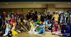 Size: 1360x720 | Tagged: safe, applejack, discord, dj pon-3, fluttershy, granny smith, pinkie pie, princess celestia, princess luna, rainbow dash, rarity, twilight sparkle, vinyl scratch, human, g4, cosplay, irl, irl human, mane six, photo