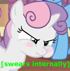 Size: 372x375 | Tagged: safe, edit, edited screencap, screencap, sweetie belle, pony, unicorn, for whom the sweetie belle toils, g4, blush sticker, blushing, caption, descriptive noise, female, filly, image macro, meme, scrunchy face, x internally