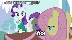 Size: 500x281 | Tagged: safe, edit, edited screencap, screencap, fluttershy, rarity, filli vanilli, g4, bedroom eyes, butt, female, image macro, lesbian, meme, plot, ship:flarity, shipping