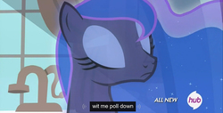 Size: 1366x696 | Tagged: safe, screencap, princess luna, for whom the sweetie belle toils, g4, female, hub logo, meme, solo, youtube caption