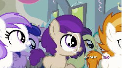 Size: 576x324 | Tagged: safe, screencap, banana peel (g4), brown sugar, burnout (g4), mint flower, plum star, plumberry, titania, pony, for whom the sweetie belle toils, g4, 5-year-old, animated, animation error, blinking, dialogue, eyes closed, filly, glasses, hub logo, hubble, looking at each other, looking at you, looking back, open mouth, the hub, tongue out