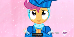 Size: 1366x696 | Tagged: safe, screencap, scootaloo, for whom the sweetie belle toils, g4, clothes, costume, female, honey, hub logo, meme, solo, youtube caption