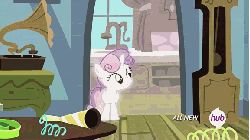 Size: 576x324 | Tagged: safe, screencap, princess luna, sweetie belle, for whom the sweetie belle toils, g4, animated, dream sequence, dream walker luna, female, hub logo, hubble, the hub, wall hax